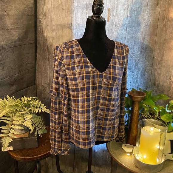 NWT Madewell Navy and Mustard Plaid Pull on top Size M - Picture 3 of 5